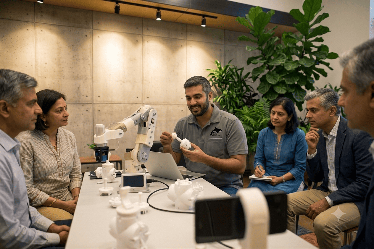 Instructor leading a faculty training session with a robotic arm