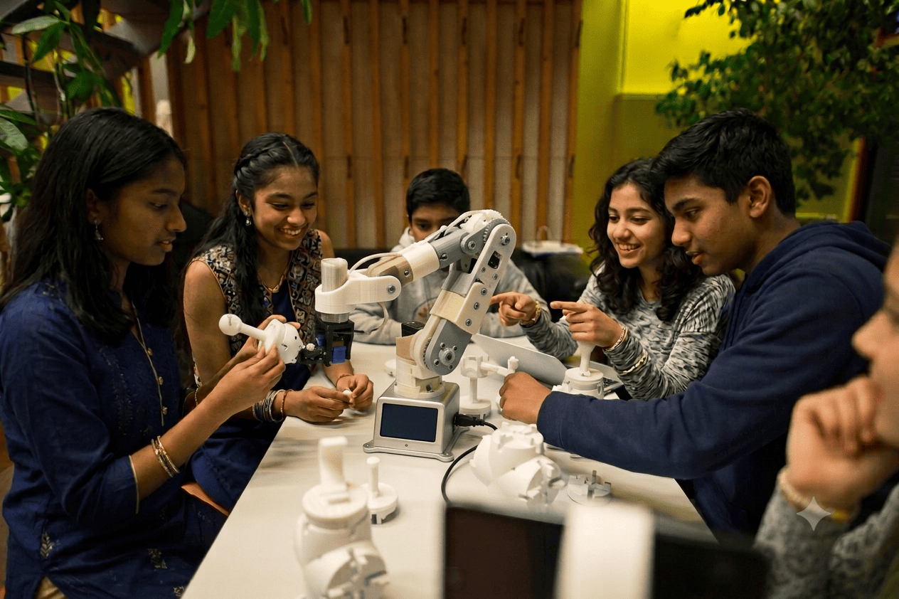 Students building a robotic arm at an Orca Robotics workshop